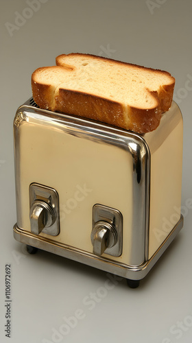 Vintage Toaster with Golden-Brown Toast, A Retro Kitchen Appliance, Perfectly Toasted Bread Slice Resting on Top, Classic Design with Metallic Accents photo