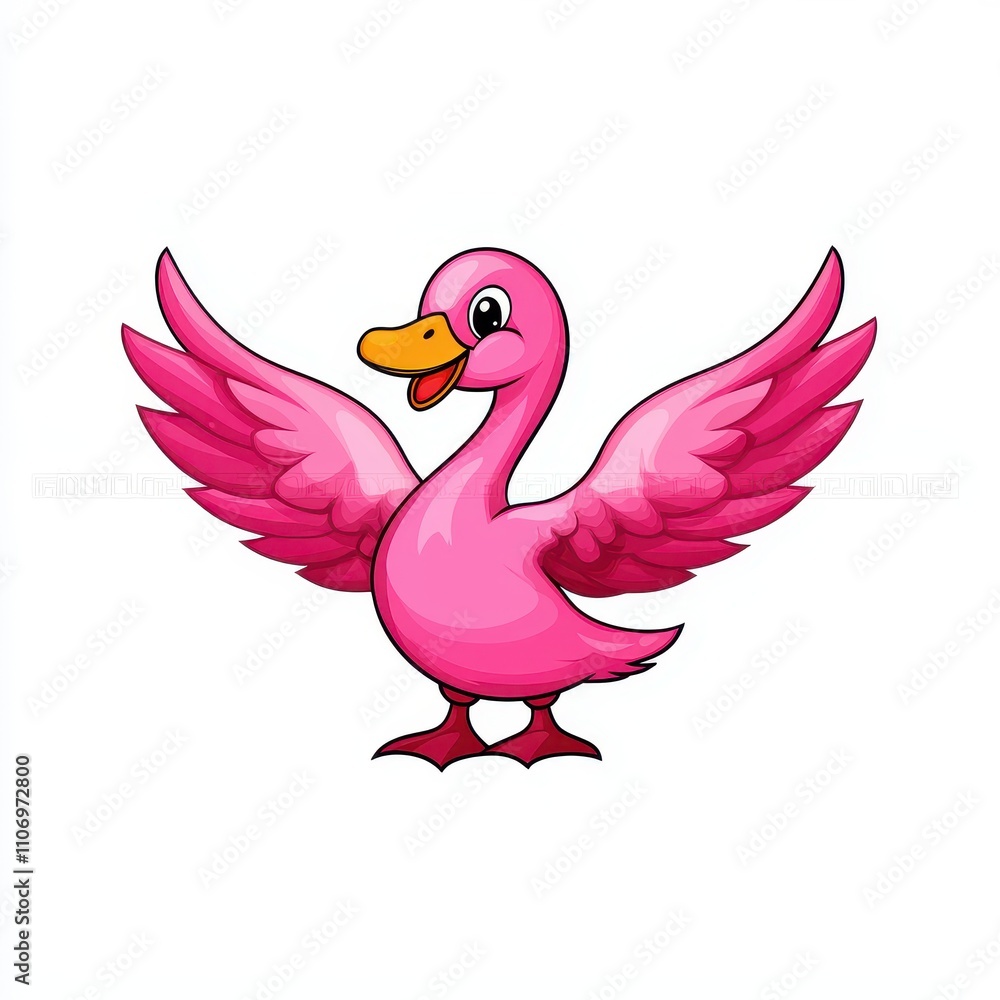 Obraz premium Cute and Colorful Cartoon Pink Swan with Spread Wings and Cheerful Expression, Perfect for Children's Books, Illustrations, and Fun Designs