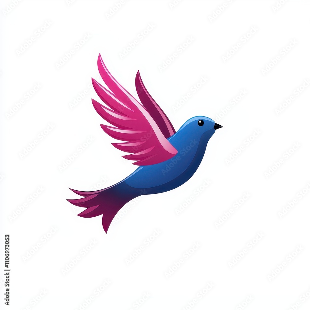 Obraz premium Colorful illustration of a flying bird with vibrant blue body and pink wings symbolizing freedom and joy against a clean white background, ideal for various creative projects.