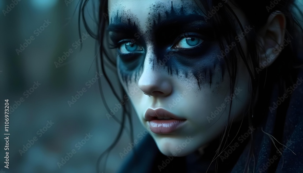 A close-up black and white portrait of a young white woman, with striking heavy makeup on her eyes and patterned face A close-up black and white portrait of a young white woman, with striking heavy makeup on her eyes and patterned face