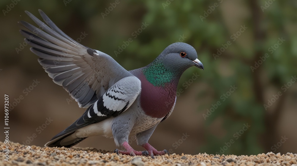 Fototapeta premium Rock dove with wings partially spread, perched on ground.