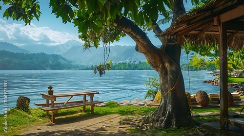 Lakeside refreshment: pineapple and coconut juice bar under a tree, with a wooden bench and lake view
