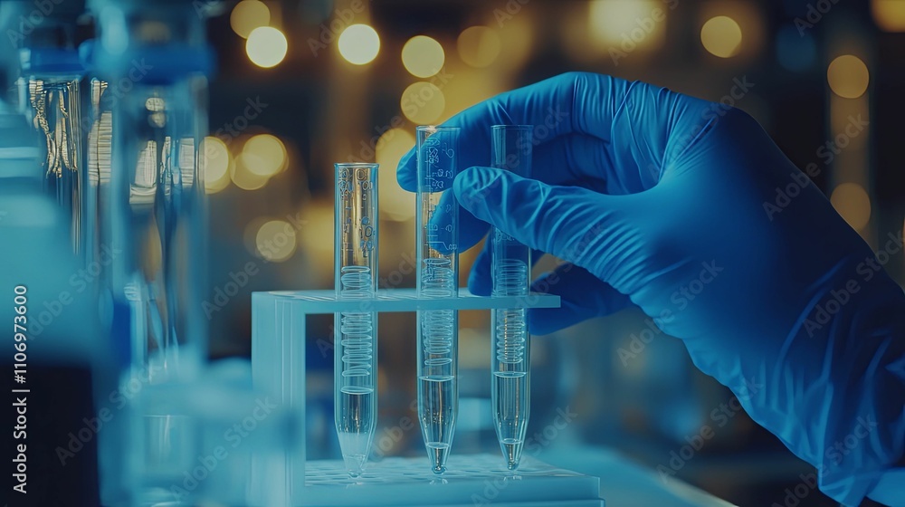 Gloved Hand Handling Laboratory Test Tubes Gloved Hand Handling Laboratory Test Tubes