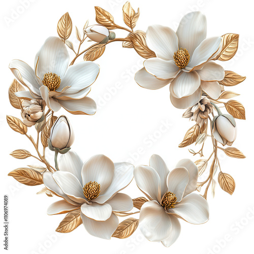 A circular arrangement of delicate white magnolia flowers with golden leaves, creating an elegant decorative frame.