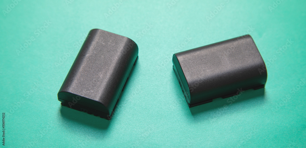 Camera batteries on the green background. Camera batteries on the green background.