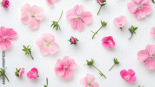 Pink flowers arranged in a flat lay composition on a white background top view of a minimalistic floral design perfect for romantic spring or summer themes.