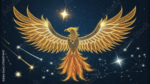 The Phoenix A cosmic bird rising from the stars its golden feathers represented by shimmering constellations radiating warmth and light. A trail of bright star s spirals behind it photo