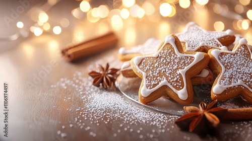 A cozy holiday table with gingerbread star-shaped tree cookies, lightly sprinkled with powdered sugar, warm lighting, and cinnamon sticks in the background