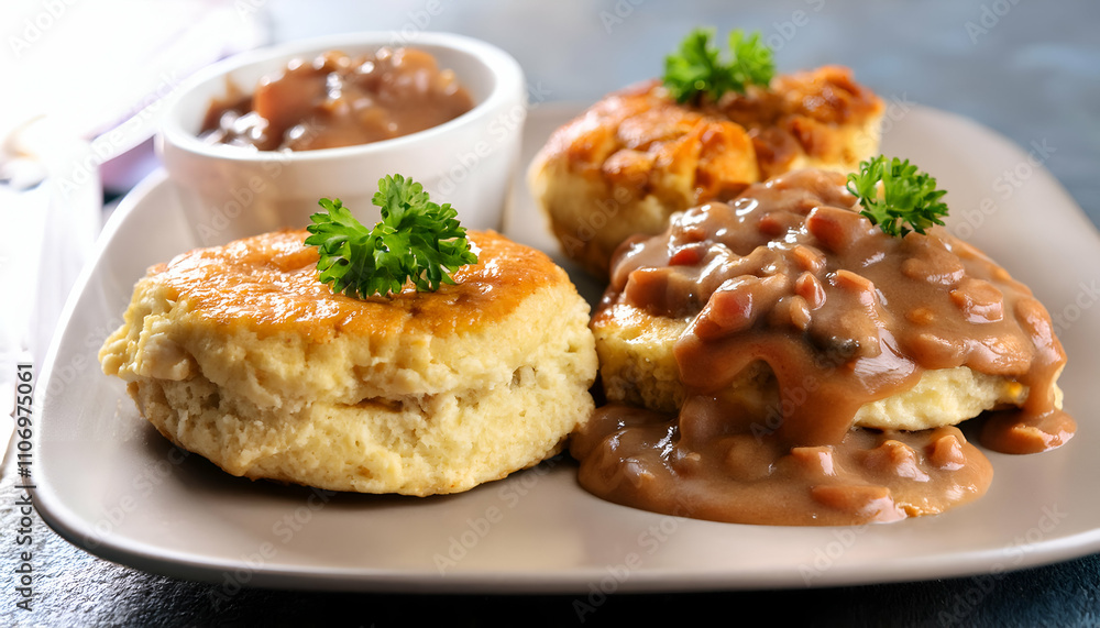 Biscuits and Gravy Soft biscuits topped with sausage gravy. Biscuits and Gravy Soft biscuits topped with sausage gravy.
