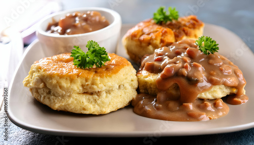 Biscuits and Gravy Soft biscuits topped with sausage gravy.