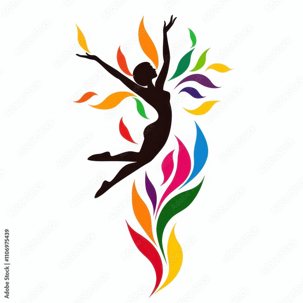 Graceful silhouette of a dancer surrounded by colorful vibrant leaves representing joy, freedom, and movement in artistic expression and creativity