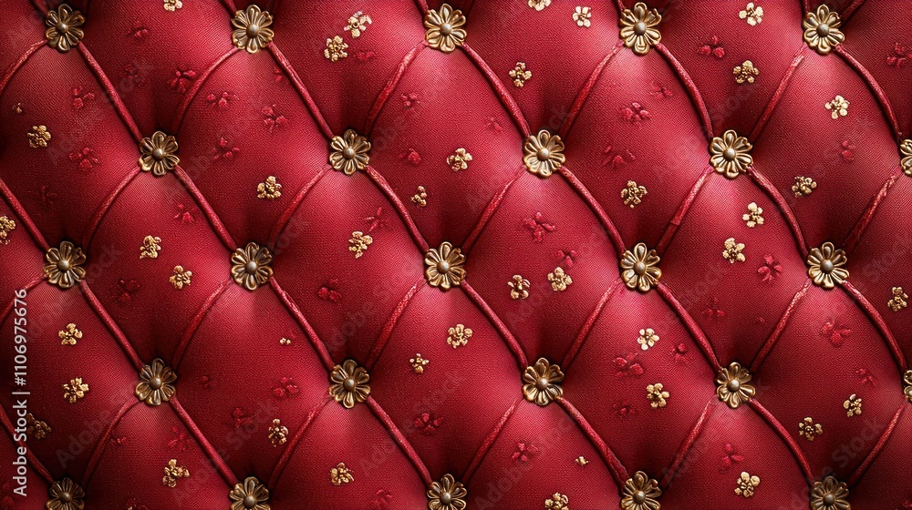 Fototapeta premium Red Upholstery with Gold Flower Buttons