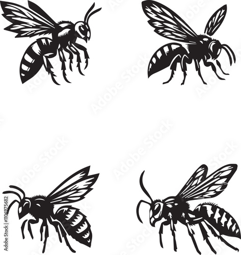 Vector Silhouette Illustrations of Bees in Various Poses