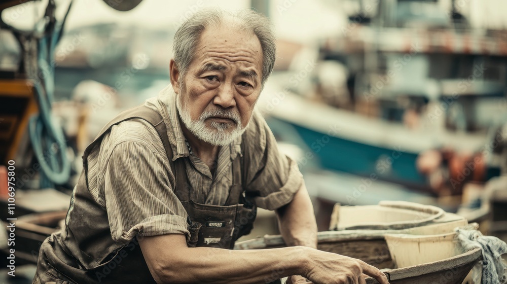 An elderly man working at a fishing dock, showcasing the essence of hard labor and experience. An elderly man working at a fishing dock, showcasing the essence of hard labor and experience.