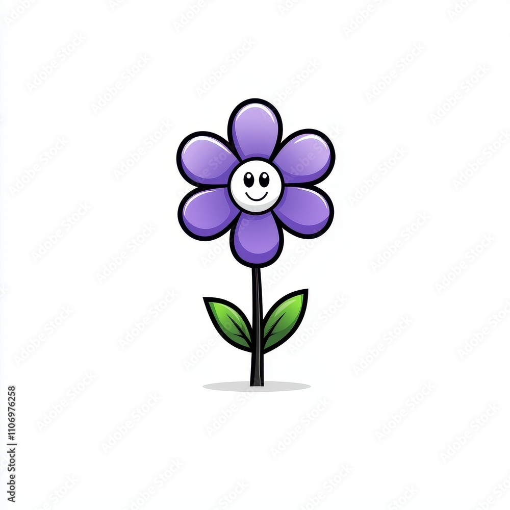Fototapeta premium Cheerful Purple Flower with a Smile Character on a Simple Background, Perfect for Children's Illustrations, Floral Designs, or Whimsical Art Projects