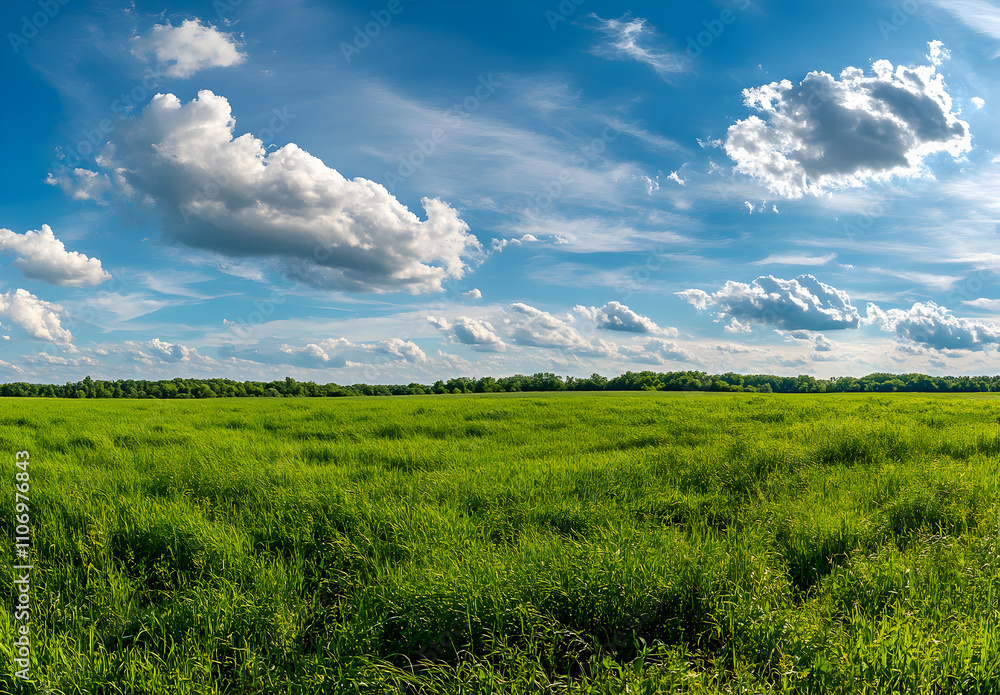 Beautiful green grass meadow landscape with a blue sky and white clouds. Beautiful green grass meadow landscape with a blue sky and white clouds.