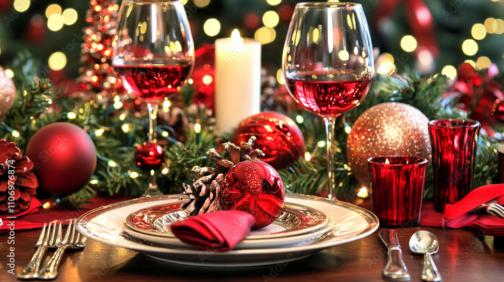 Photo of a Christmas table setting with wine glasses and plates, blurred background with lights and decorations Photo of a Christmas table setting with wine glasses and plates, blurred background with lights and decorations