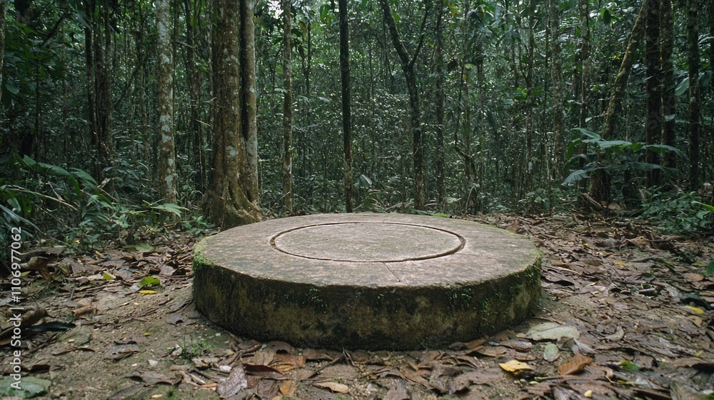 Circular Stone Platform in a Lush Green Jungle Setting Circular Stone Platform in a Lush Green Jungle Setting