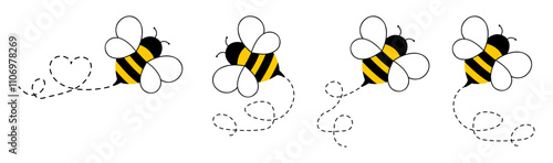 Bee flying icon set. Bee flying on a dotted path isolated on the white background. Bee flying in different style vector illustration. 