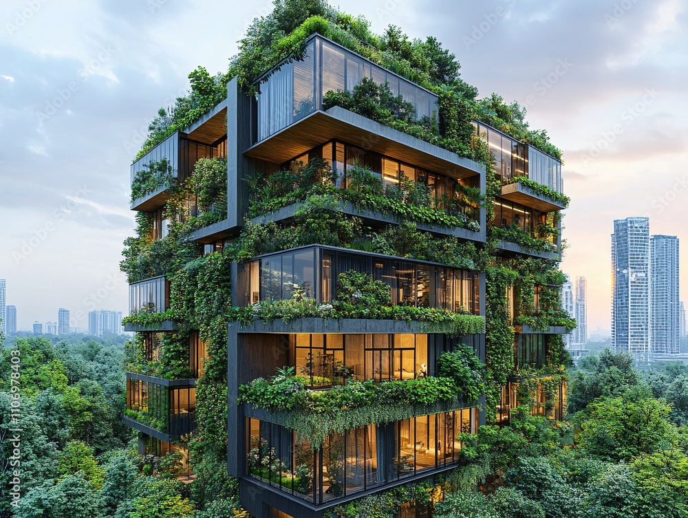 A modern building covered in lush greenery, blending nature with urban architecture, showcasing sustainability and innovative design in a city landscape. A modern building covered in lush greenery, blending nature with urban architecture, showcasing sustainability and innovative design in a city landscape.