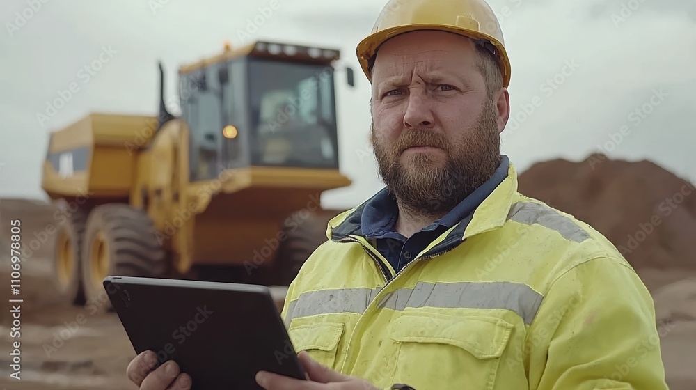 Construction worker using tablet on job site with heavy machinery in industrial setting Construction worker using tablet on job site with heavy machinery in industrial setting