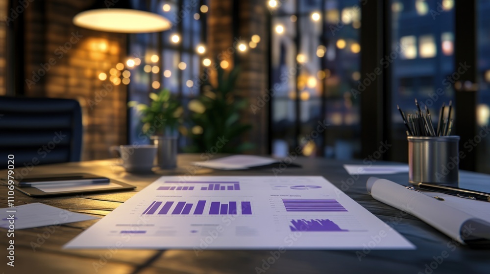 A modern workspace with reports, a plant, and a cozy ambiance. A modern workspace with reports, a plant, and a cozy ambiance.