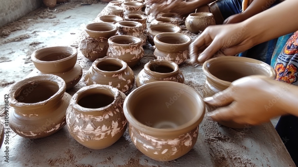 Hands shaping wet clay pots in a pottery workshop. Hands shaping wet clay pots in a pottery workshop.