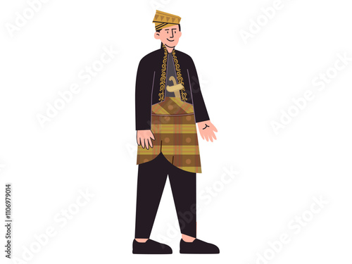 Melayu traditional clothes dress male tradition clothing Malaysia Indonesia heritage culture Sumatera cultural design icon set colorful