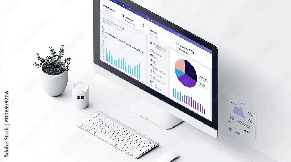 Isometric computer screen displaying of a business analytics isolated on white background