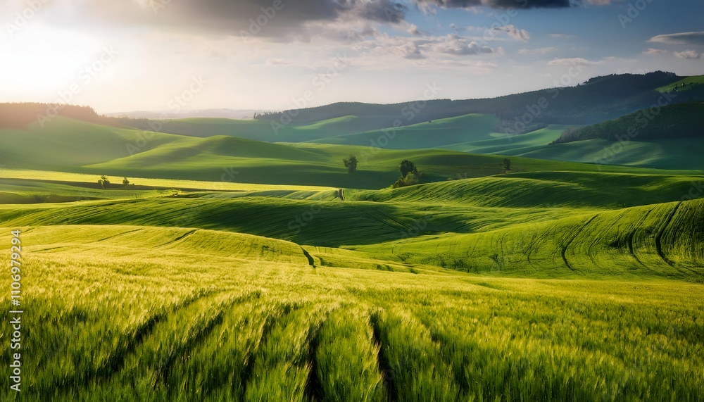 Lush green fields showcasing the harmony of nature and advanced farming techniques Lush green fields showcasing the harmony of nature and advanced farming techniques