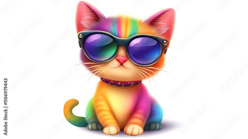 A colorful cat with sunglasses sits on a white background. A colorful cat with sunglasses sits on a white background.