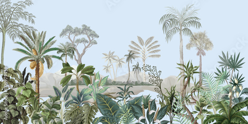 Tropical tree and Leaf jangle print, Beautiful jangle background with watercolor tree.