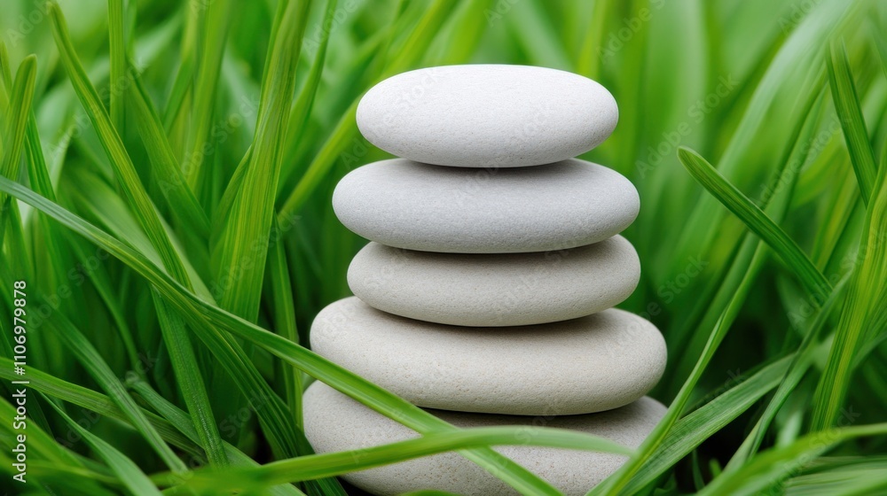 A stack of smooth stones resting on lush green grass, symbolizing balance and tranquility. A stack of smooth stones resting on lush green grass, symbolizing balance and tranquility.