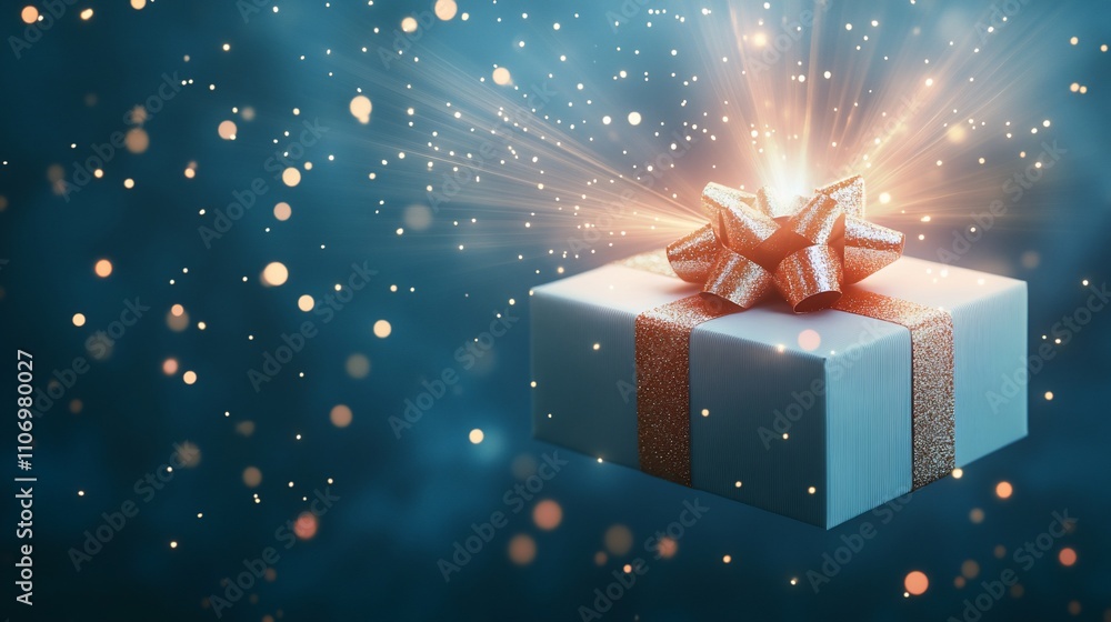A glowing gift box with a sparkling bow, radiating festive energy. A glowing gift box with a sparkling bow, radiating festive energy.