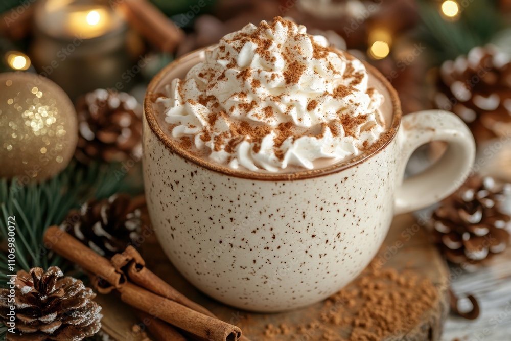 holiday drink treats, a mug of hot chocolate with whipped cream, cinnamon sprinkle, and festive decor in the background creates a cozy scene holiday drink treats, a mug of hot chocolate with whipped cream, cinnamon sprinkle, and festive decor in the background creates a cozy scene