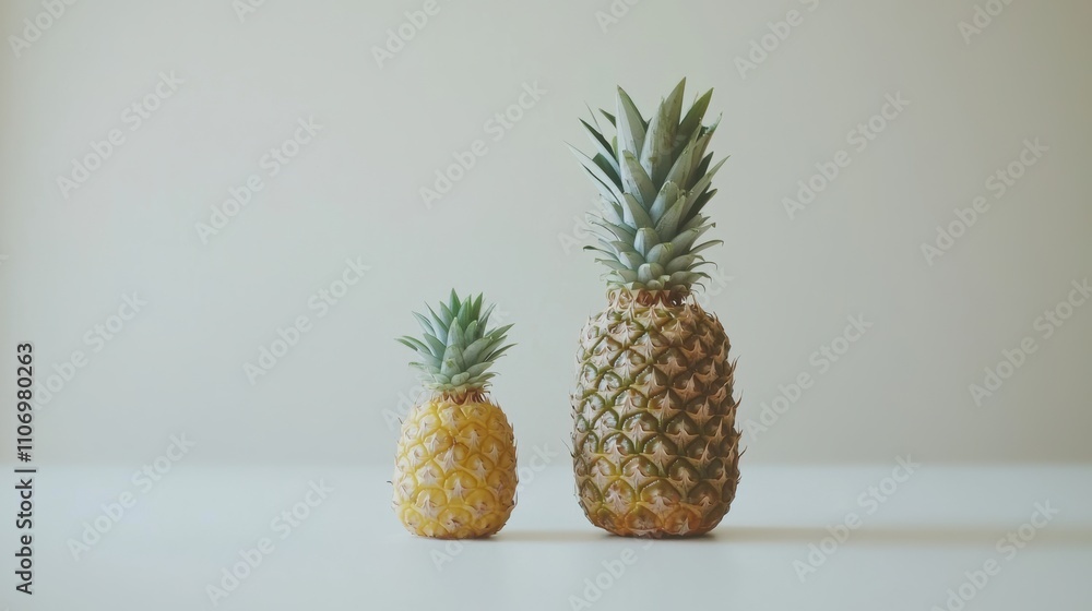 Minimalist kitchen table photography close-up display of pineapple growth and varieties Minimalist kitchen table photography close-up display of pineapple growth and varieties