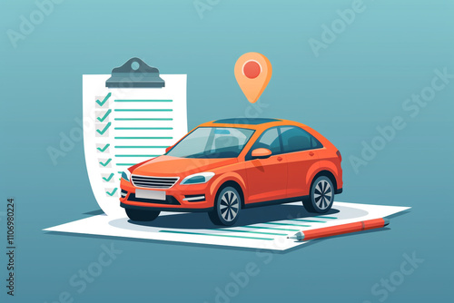Car insurance document, report. Paper agreement checklist or loan checkmarks form list approved with automobile icon, vehicle financial, car dealership legal deal.