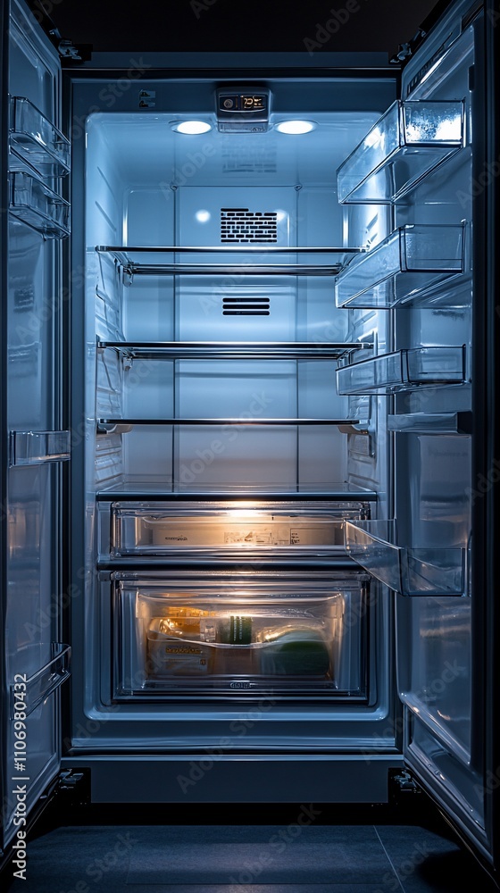 A brightly lit refrigerator interior showcasing organized shelves and a lower drawer. A brightly lit refrigerator interior showcasing organized shelves and a lower drawer.