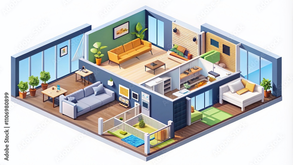 Isometric Illustration of a House Construction Company Providing Dwelling Place Configuration Services with Apartment Room Cross Section and Interior Design Elements for Web Banner Isometric Illustration of a House Construction Company Providing Dwelling Place Configuration Services with Apartment Room Cross Section and Interior Design Elements for Web Banner