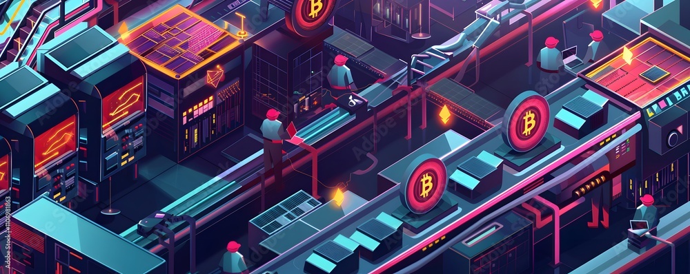 Obraz premium Futuristic Bitcoin Mining Factory Workers Operate Complex Machinery