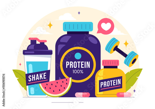 Protein Supplements Vector Illustration featuring Healthy Food, Protein Powders, and Fitness Workouts to Support Nutrition and the Body Vitamin