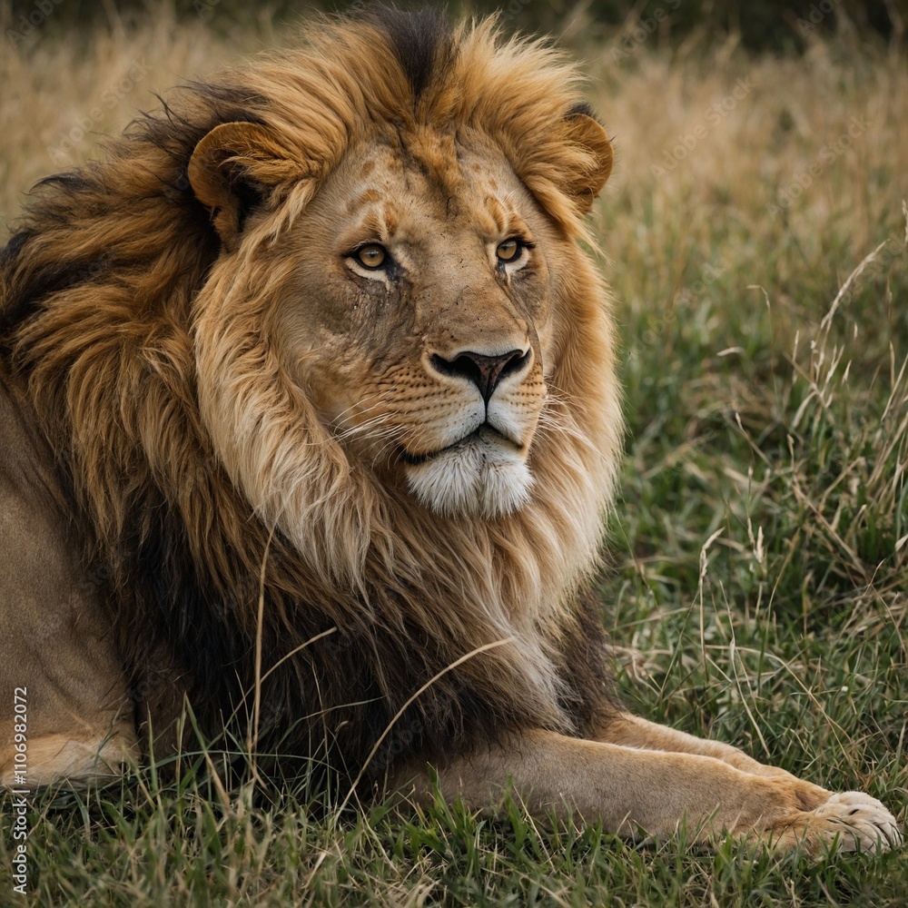 A majestic lion resting in short grass, its golden mane contrasting with the white background. A majestic lion resting in short grass, its golden mane contrasting with the white background.
