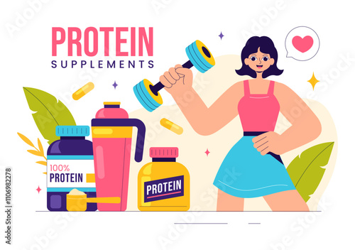 Protein Supplements Vector Illustration featuring Healthy Food, Protein Powders, and Fitness Workouts to Support Nutrition and the Body Vitamin