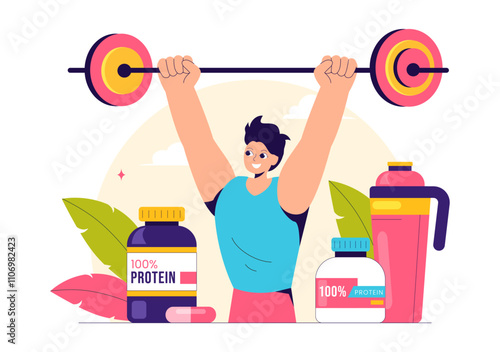 Protein Supplements Vector Illustration featuring Healthy Food, Protein Powders, and Fitness Workouts to Support Nutrition and the Body Vitamin