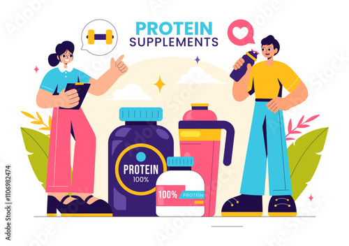 Protein Supplements Vector Illustration featuring Healthy Food, Protein Powders, and Fitness Workouts to Support Nutrition and the Body Vitamin