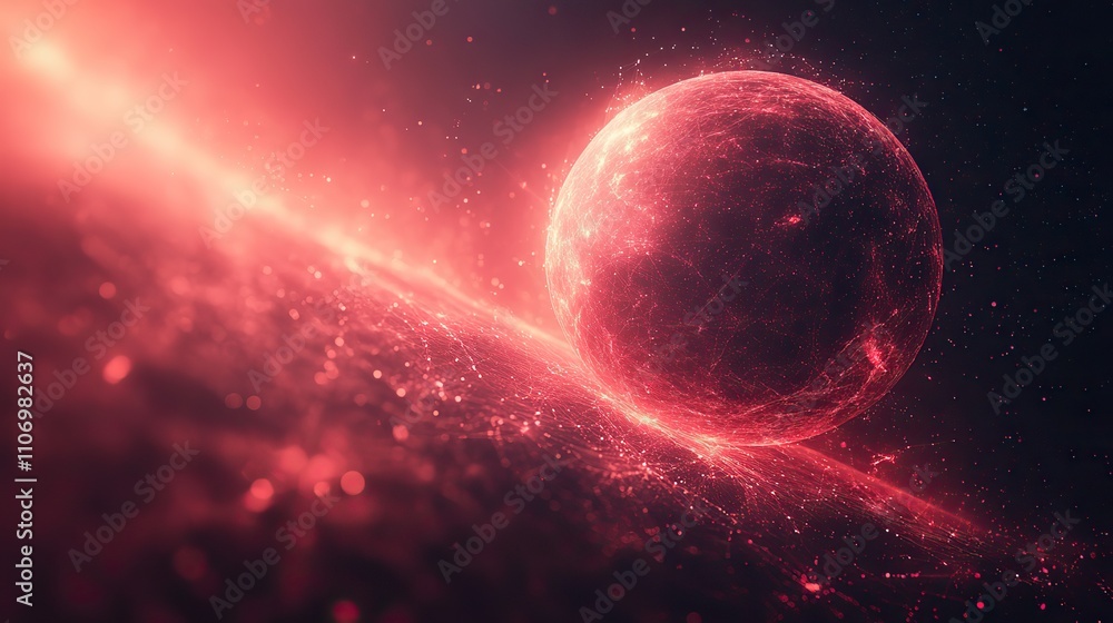 Obraz premium A gradient red-to-black background displays a digital sphere planet
