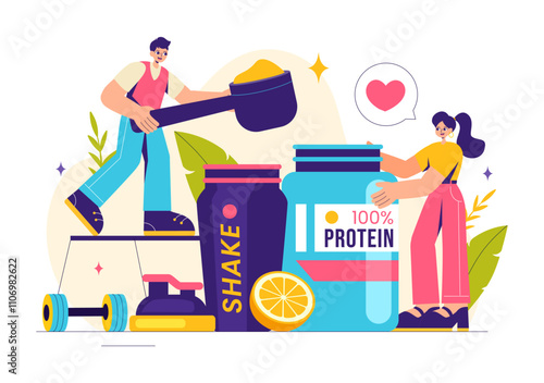 Protein Supplements Vector Illustration featuring Healthy Food, Protein Powders, and Fitness Workouts to Support Nutrition and the Body Vitamin