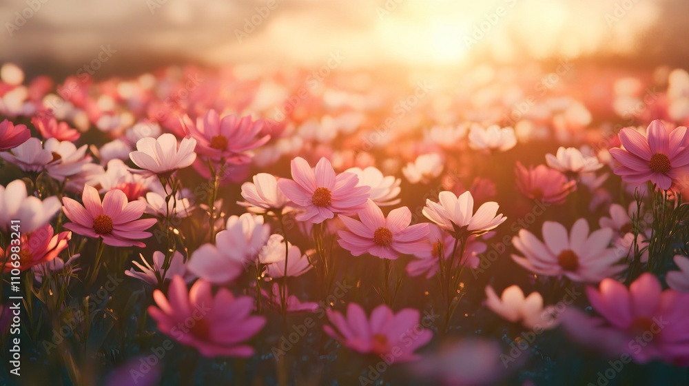 Expansive field of blooming pink and white cosmos flowers under a clear blue sky in peaceful countryside Expansive field of blooming pink and white cosmos flowers under a clear blue sky in peaceful countryside