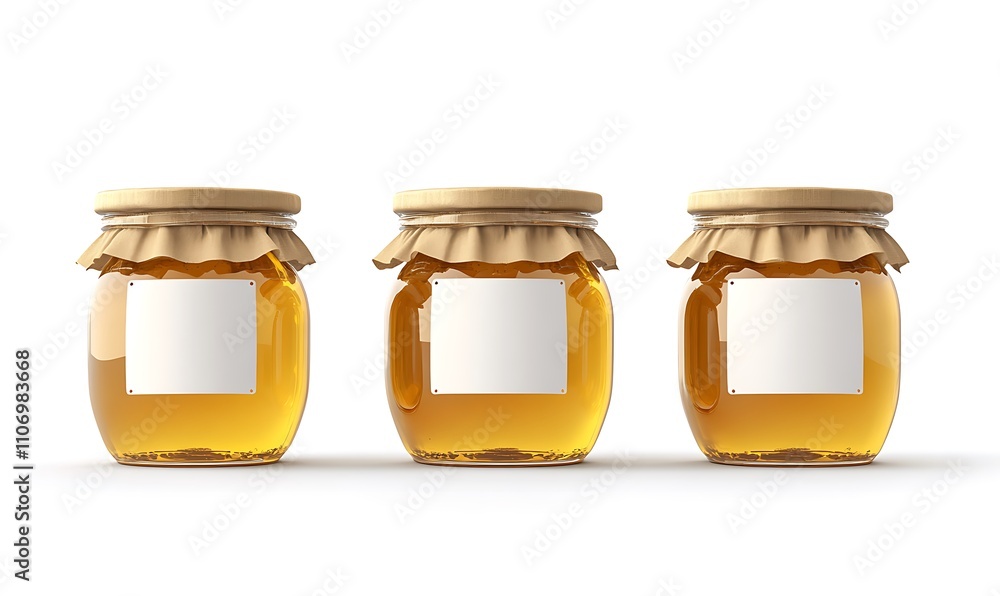 Three Jars Of Honey With Blank Labels Ready For Branding Three Jars Of Honey With Blank Labels Ready For Branding