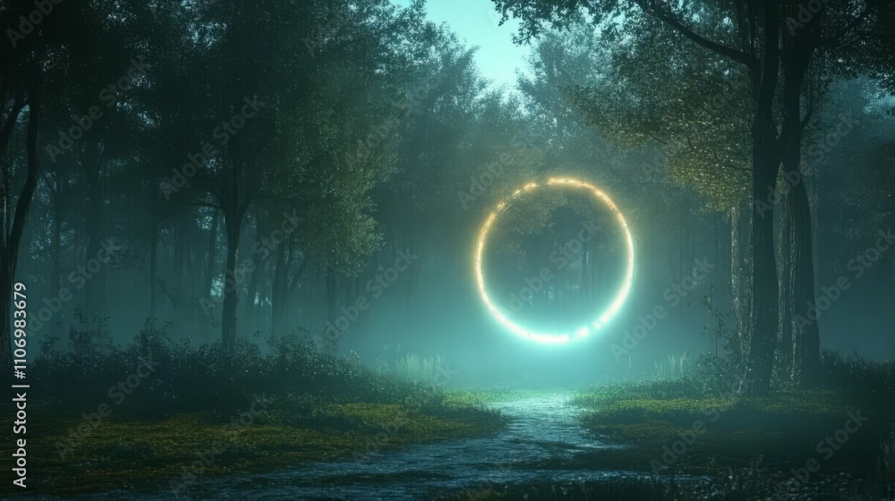 Glowing ring in a mystical forest at night. Glowing ring in a mystical forest at night.